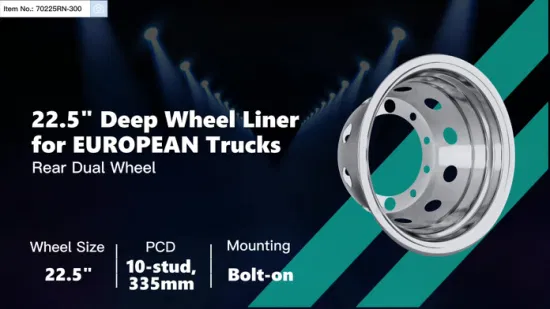 Tampa profunda da roda em aço inoxidável 22,5 x 9 T304 para roda dupla traseira, acabamento da roda 22,5, simulador de roda de caminhão, para caminhão Ford/Mercedes/Toyota, ajuste universal